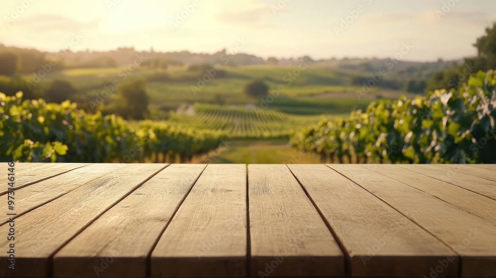 Scenic vineyard view with a wooden table in the foreground. Scenic vineyard view with a wooden table in the foreground.