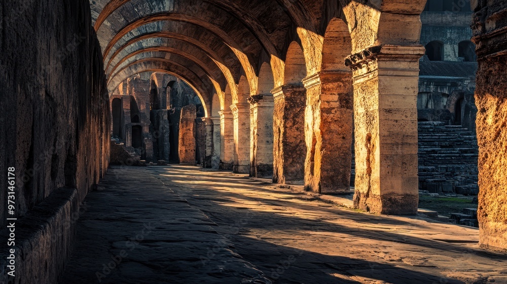 Obraz premium Ancient stone arches illuminated by soft light, creating a serene and historical atmosphere.