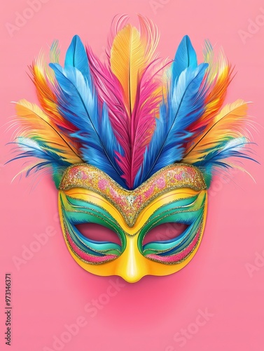 Colorful Carnival Mask isolated on pink with feathers Carnival mask carnival face colorful with generative ai