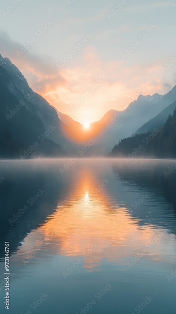 Tranquil Sunrise at Mountain Lake with Misty Waters and Warm Sky Reflections Tranquil Sunrise at Mountain Lake with Misty Waters and Warm Sky Reflections