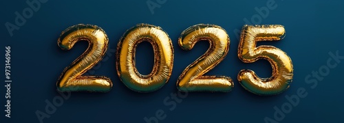 Gold foil balloons forming 2025 on blue background, perfect for New Year celebrations and events