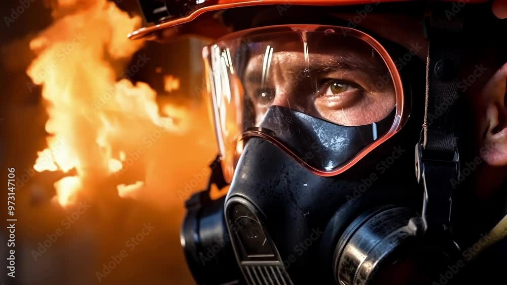 Brave firefighter in uniform and gear. Facing a blazing fire with determination and courage. Surrounded by smoke and intense heat Brave firefighter in uniform and gear. Facing a blazing fire with determination and courage. Surrounded by smoke and intense heat