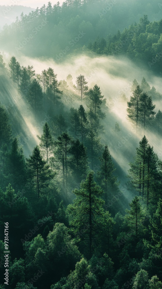Serene Sunrise in Quiet Forest - Peaceful Morning with Soft Light and Rising Mist Serene Sunrise in Quiet Forest - Peaceful Morning with Soft Light and Rising Mist