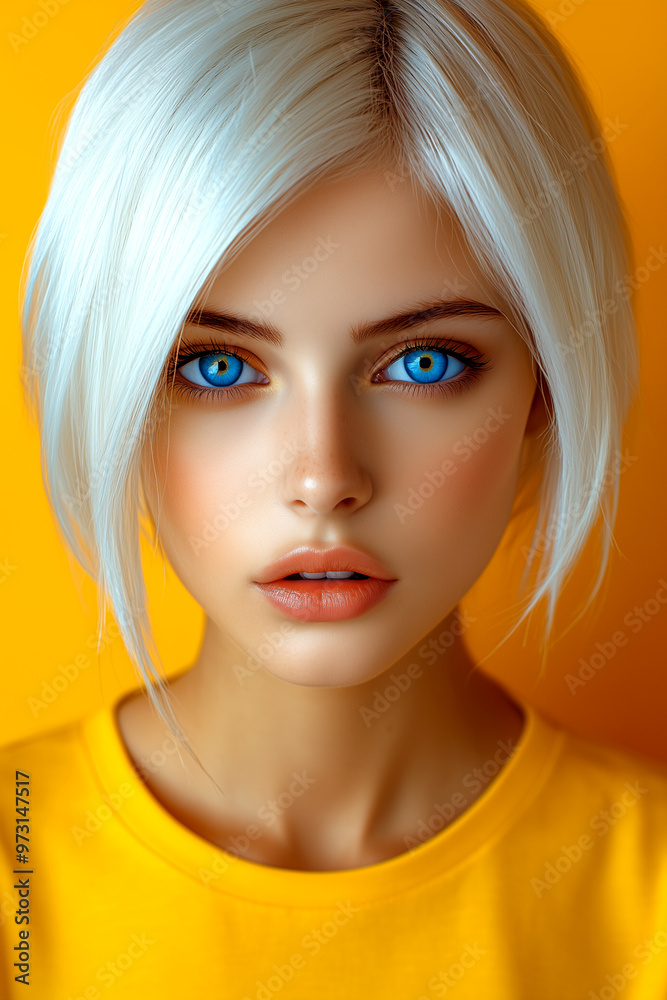 A young woman with blonde hair and blue eyes is wearing a yellow shirt. She has a bright smile and her eyes are wide open A young woman with blonde hair and blue eyes is wearing a yellow shirt. She has a bright smile and her eyes are wide open