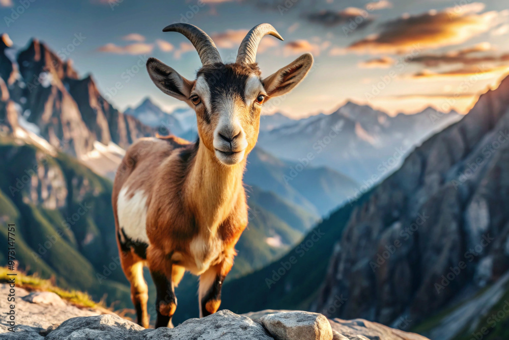 Obraz premium Brown and White Goat Standing on Mountain Ridge at Sunset