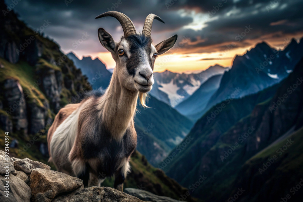 A Goat Gazes Out Over Majestic Mountain Ranges At Sunset A Goat Gazes Out Over Majestic Mountain Ranges At Sunset