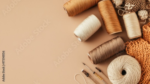 Assorted Thread Spools and Yarn on Neutral Background
