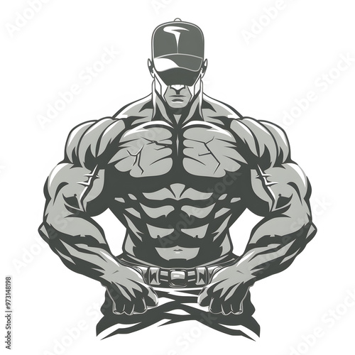 Illustration featuring a muscular cartoon character wearing a cap, perfect for gymrelated projects. Represents strength and determination, ideal for fitnessthemed designs photo