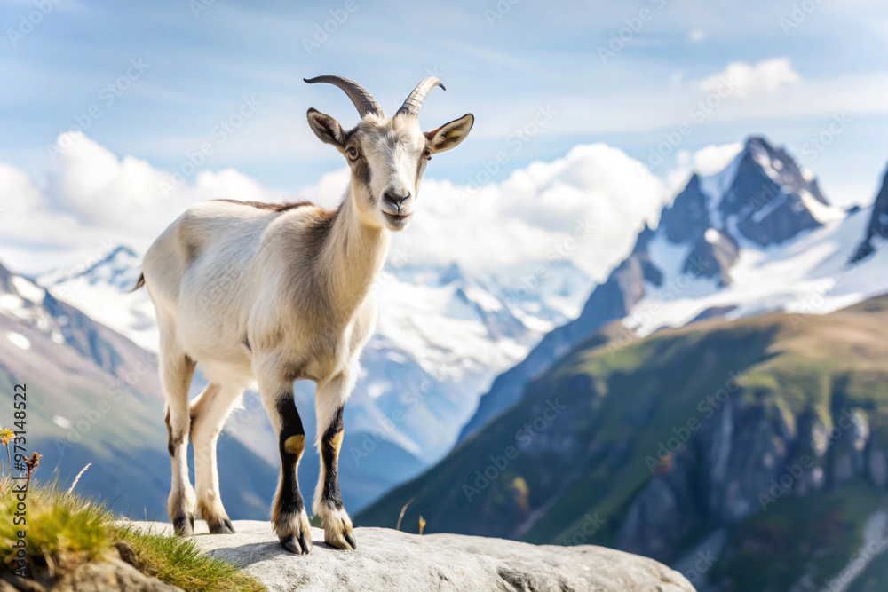 A lone goat stands on a rocky mountain peak overlooking a snowy mountain range. A lone goat stands on a rocky mountain peak overlooking a snowy mountain range.