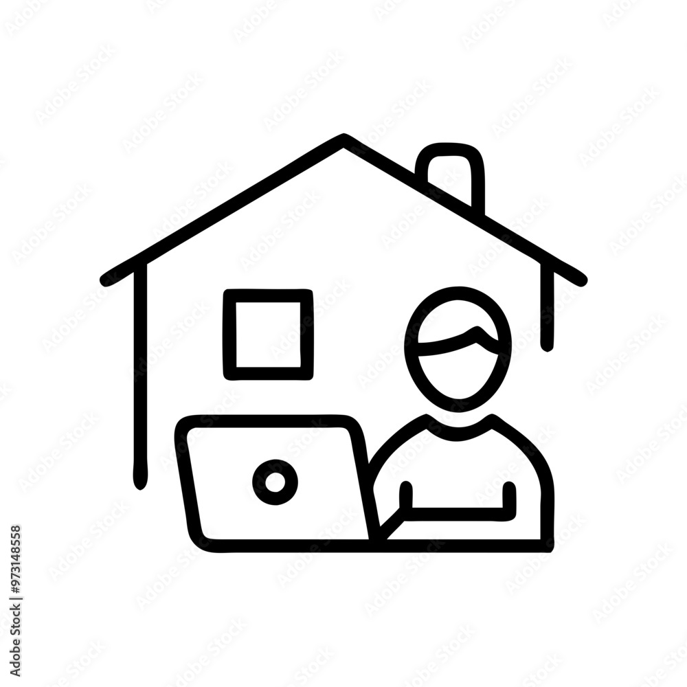 Minimalist Line Icon of Person Working from Home with Laptop, Remote Work Concept Minimalist Line Icon of Person Working from Home with Laptop, Remote Work Concept