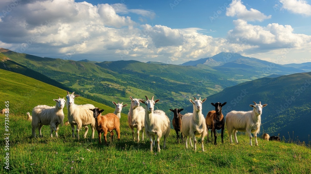Fototapeta premium Serene Mountain Landscape with Grazing Goats