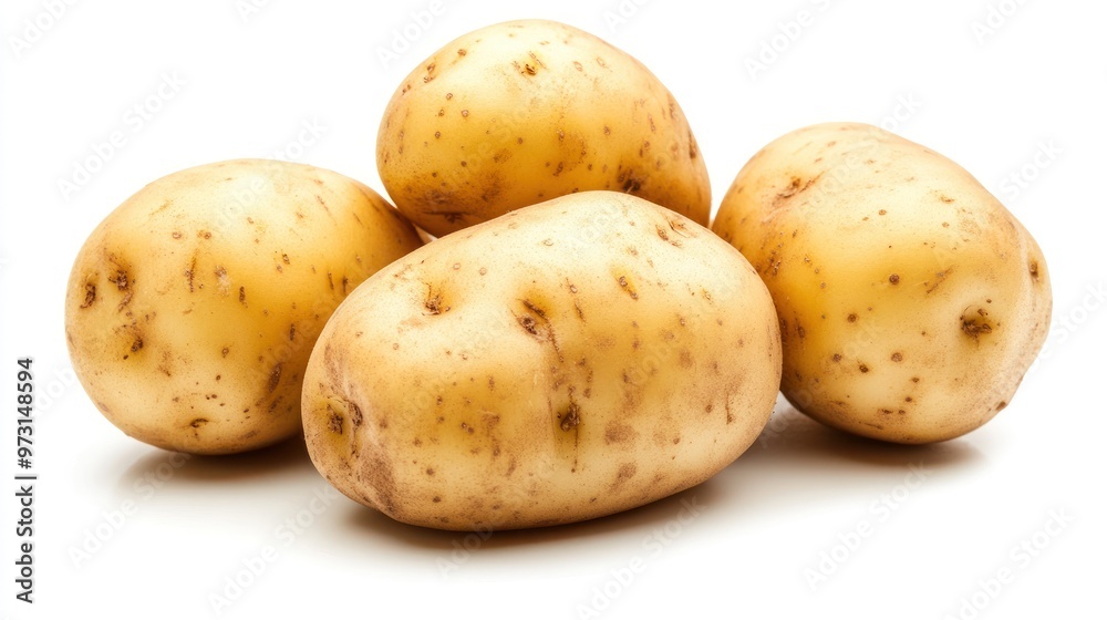 Four raw potatoes with light brown skin and small eyes, arranged on a white background. Four raw potatoes with light brown skin and small eyes, arranged on a white background.