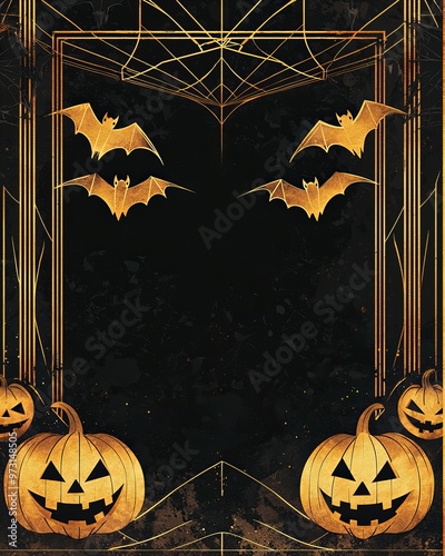 Art deco Halloween card, black and gold geometric patterns.