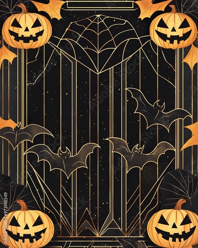 Art deco Halloween card, black and gold geometric patterns.