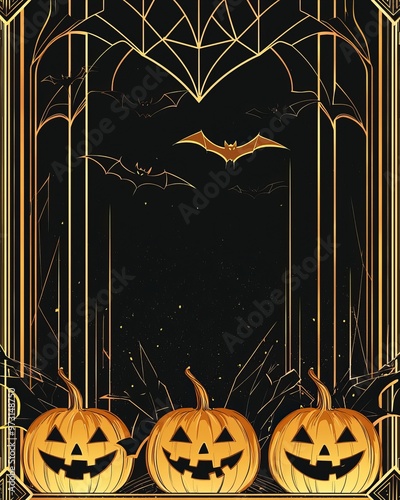 Art deco Halloween card, black and gold geometric patterns.