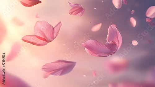 Soft Pink Flower Petals Floating and Drifting in Dreamy Ethereal Atmosphere