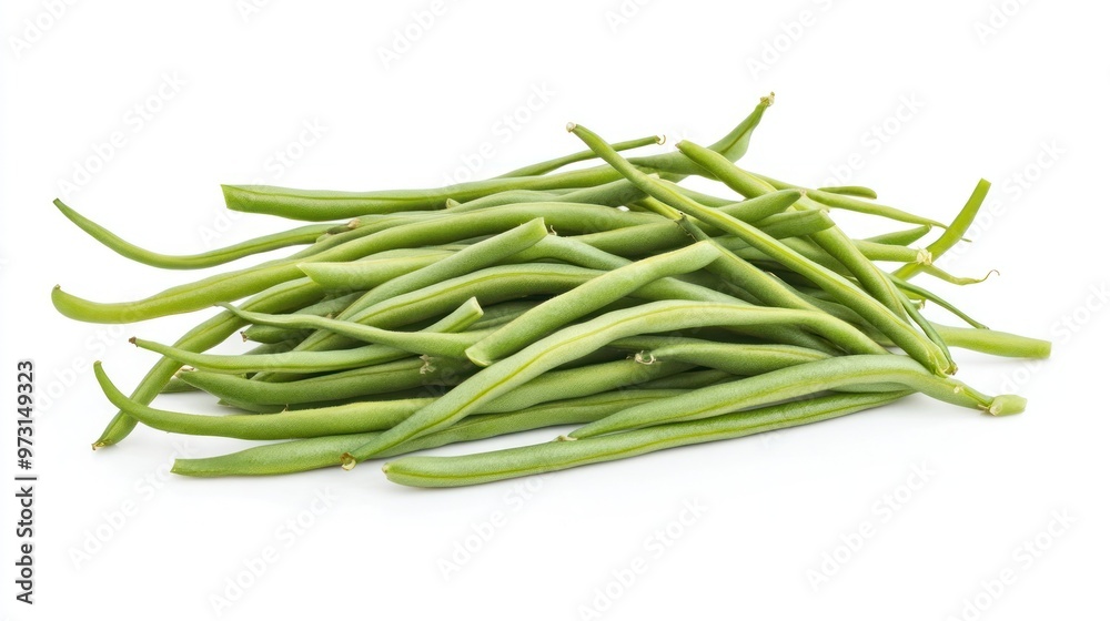 A pile of fresh green beans arranged on a white background. A pile of fresh green beans arranged on a white background.