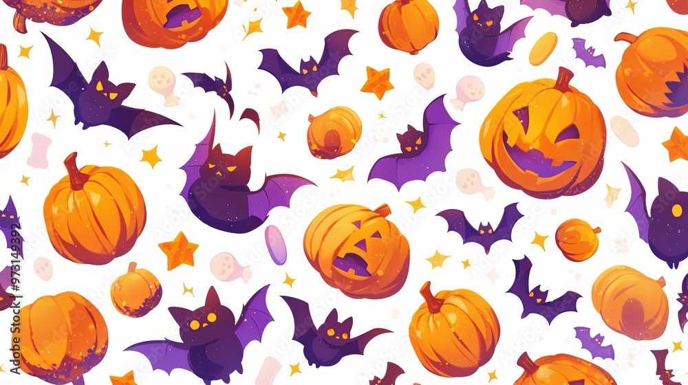 A pattern of glittery, neon-colored pumpkins and bats A pattern of glittery, neon-colored pumpkins and bats