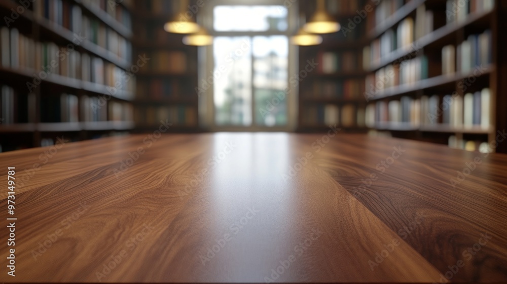 A wooden table in a library, with bookshelves and natural light from a window. A wooden table in a library, with bookshelves and natural light from a window.