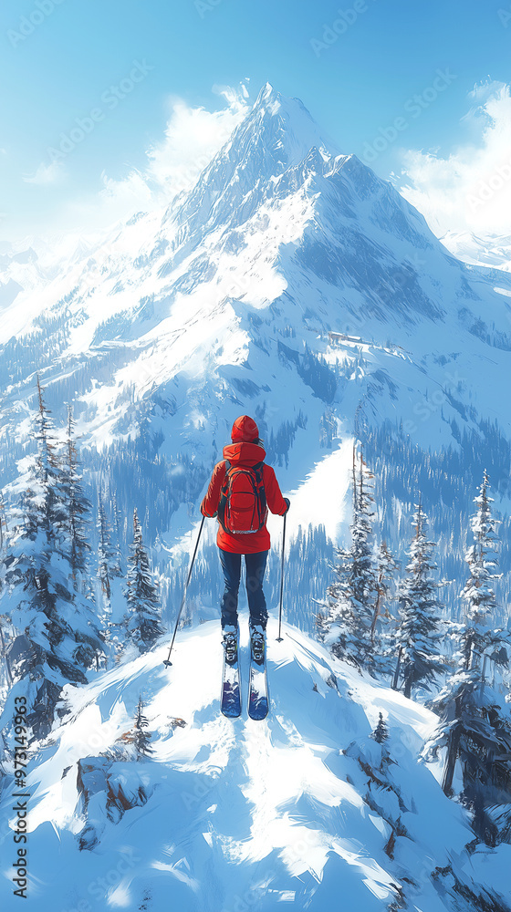 A woman in a red jacket stands on a snowy mountain peak, looking out at the vast landscape. Concept of adventure and exploration A woman in a red jacket stands on a snowy mountain peak, looking out at the vast landscape. Concept of adventure and exploration