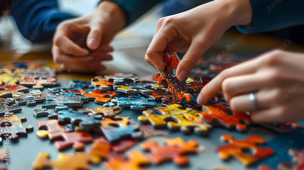 Close-up of Hands Putting Together a Colorful Jigsaw Puzzle Close-up of Hands Putting Together a Colorful Jigsaw Puzzle
