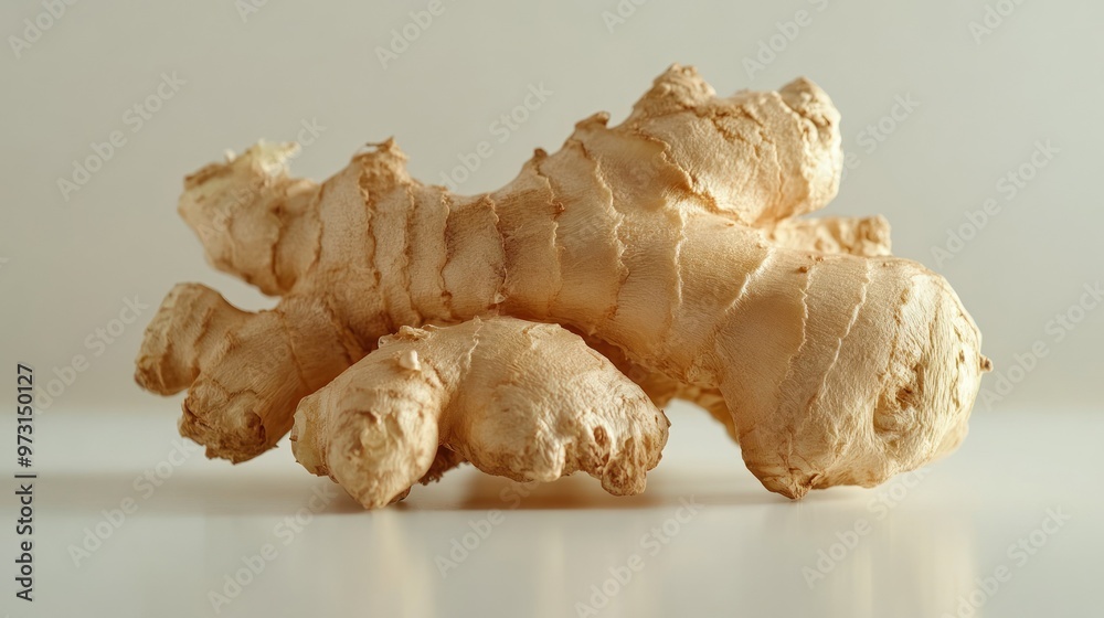 A fresh ginger root with a textured surface, displayed on a light background. A fresh ginger root with a textured surface, displayed on a light background.