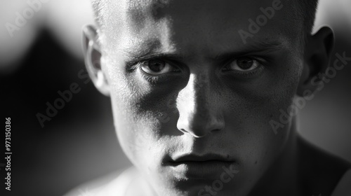 A close-up portrait of a young man with intense expression in black and white.