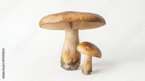 Large and small mushrooms displayed against a neutral background highlighting their natural textures and colors in a studio setting