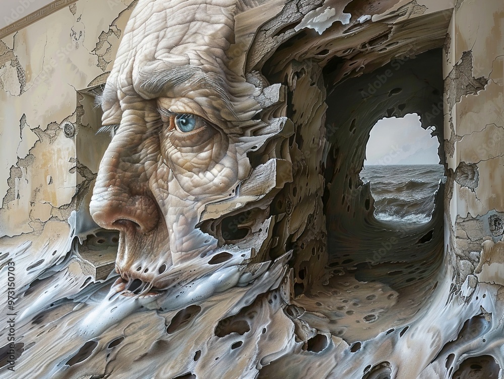 Surreal Wall Art: A Face Emerging from Decay, Revealing the Ocean Surreal Wall Art: A Face Emerging from Decay, Revealing the Ocean