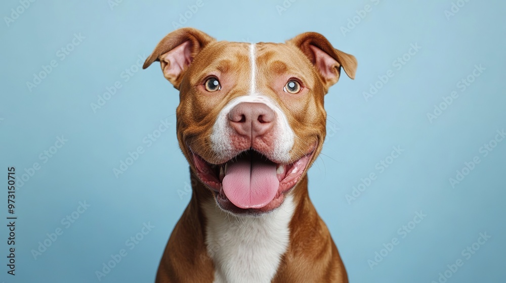 A brown and white rescue dog with its tongue out is looking forward against a light blue background. A brown and white rescue dog with its tongue out is looking forward against a light blue background.