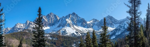 Majestic snow-capped mountains under a clear blue sky with evergreen trees in the foreground during a tranquil afternoon