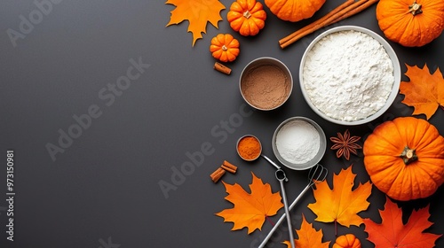 Autumn baking ingredients with pumpkins, cinnamon, and maple leaves on a black background. photo