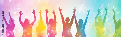 Abstract illustration of diverse people celebrating with raised hands, symbolizing community and celebration in the vibrant colors of rainbow hues Generative AI