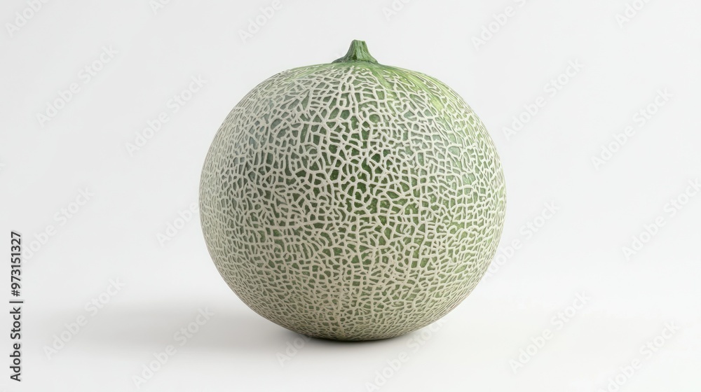A textured green melon with a net-like pattern on its surface, displayed against a white background. A textured green melon with a net-like pattern on its surface, displayed against a white background.