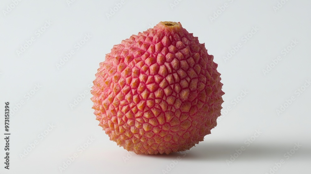 A single lychee fruit with a textured, pink exterior on a plain background. A single lychee fruit with a textured, pink exterior on a plain background.