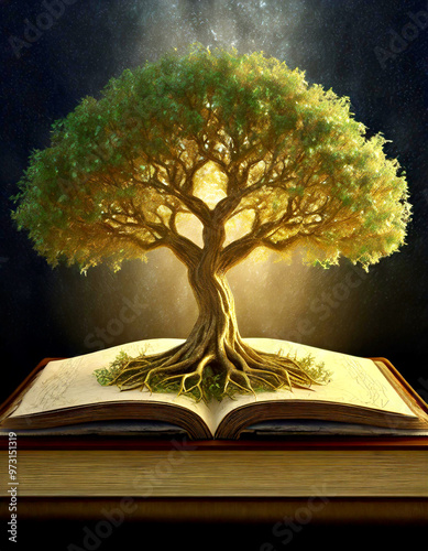 magical tree of life growing from an open book