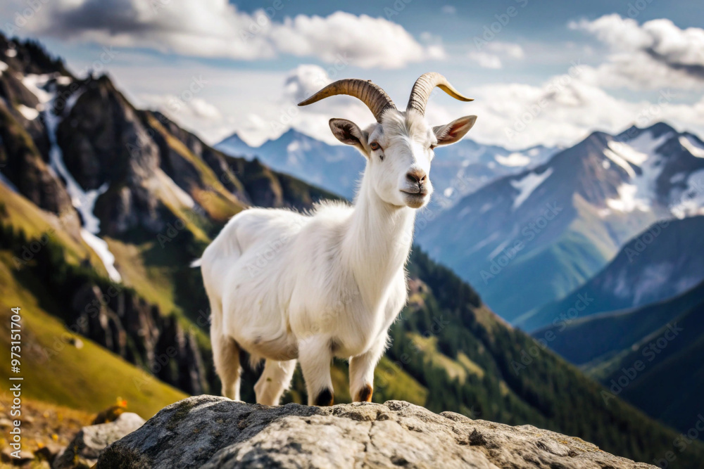 A White Goat Standing on a Rocky Mountain Ridge A White Goat Standing on a Rocky Mountain Ridge