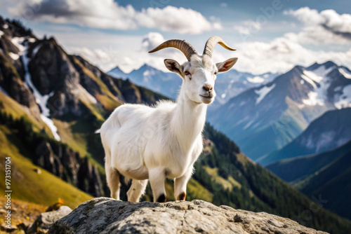 A White Goat Standing on a Rocky Mountain Ridge photo