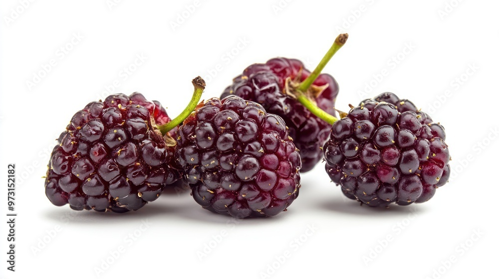 A cluster of ripe blackberries on a white background, showcasing their fresh appearance. A cluster of ripe blackberries on a white background, showcasing their fresh appearance.