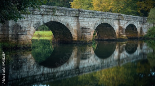 A stone bridge arches over a calm river, reflecting the surrounding trees and landscape.