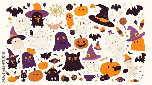 Vector flat color cute Halloween clipart set
