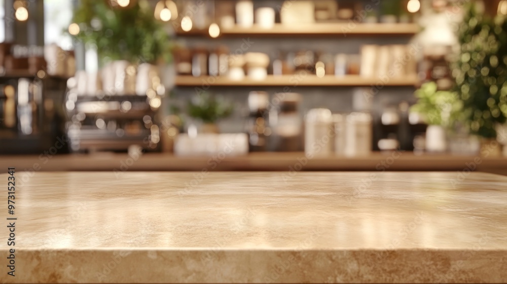 A blurred café interior with a smooth countertop and warm lighting. A blurred café interior with a smooth countertop and warm lighting.