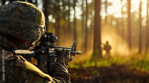 A soldier in camouflage aiming a rifle in a forest during training.