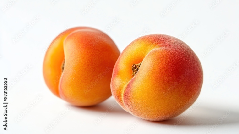 Two ripe peaches with a smooth, colorful skin on a white background. Two ripe peaches with a smooth, colorful skin on a white background.