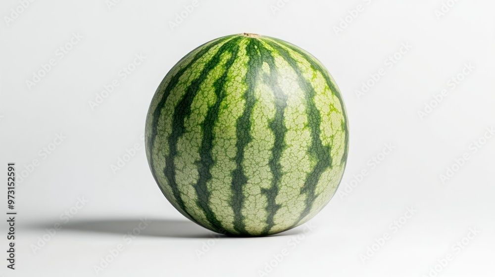 A whole watermelon with a vibrant green striped rind on a plain background. A whole watermelon with a vibrant green striped rind on a plain background.
