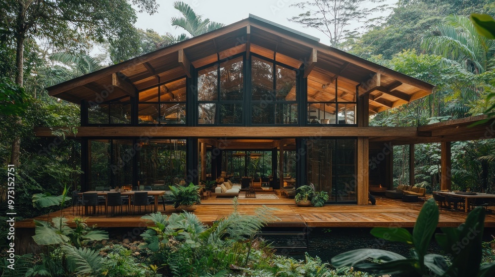 Modern wooden house surrounded by lush greenery and large glass windows. Modern wooden house surrounded by lush greenery and large glass windows.
