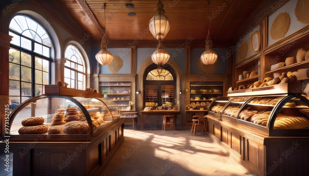 charming bakery interior. The space features a large display case filled with various types of bread and pastries, showcasing an inviting assortment. The warm wooden tones of the furniture and display charming bakery interior. The space features a large display case filled with various types of bread and pastries, showcasing an inviting assortment. The warm wooden tones of the furniture and display