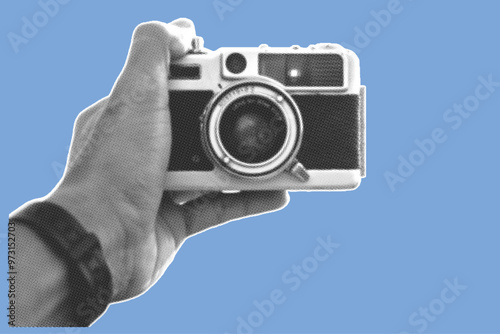 close up of hand holding analog camera pixelate color halftone dotted texture style collage element isolated on blue background