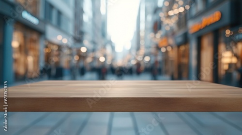 Wallpaper Mural A wooden tabletop in a blurred urban setting, suggesting a marketplace or cafe atmosphere. Torontodigital.ca