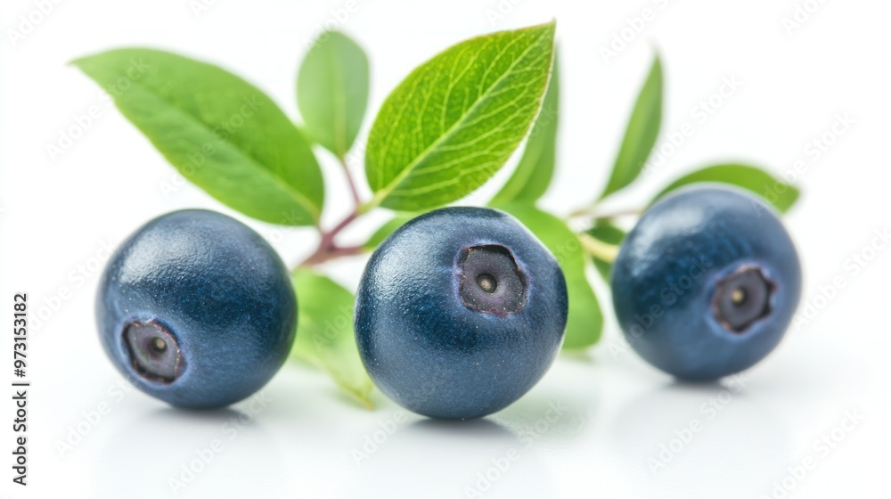 Three fresh blueberries with green leaves on a white background. Three fresh blueberries with green leaves on a white background.